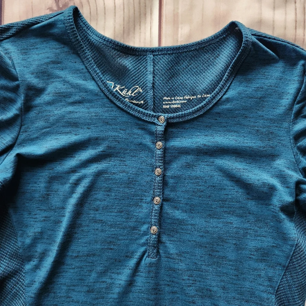 **SOLD** Kuhl "Svenna" Waffle Knit Henley Long Sleeve Shirt Teal Blue | Size S - Picture 3 of 12